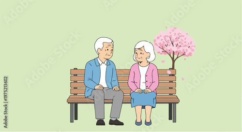 Elderly couple sitting on park bench spring
