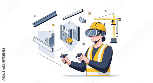 Innovative Construction Engineer Using Virtual Reality VR Headset for Building Information Modeling BIM, Architectural Planning and Digital Twin Visualization