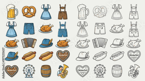 Collection of colorful and monochrome icons representing Oktoberfest symbols including beer mugs, pretzels, traditional clothing, food, and musical instruments.