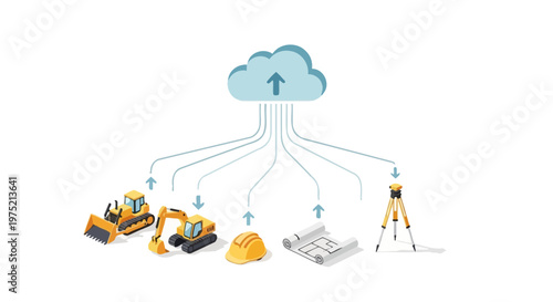 Cloud Computing Technology for Construction Site Management Isometric Vector Concept with Excavator, Bulldozer, Blueprints, and Data Syncing