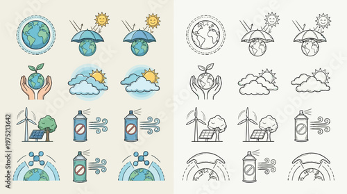 A collection of hand-drawn icons representing environmental protection, renewable energy, and ecological concerns, presented in both color and monochrome versions.