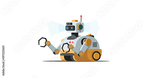 Cute Robot Illustration with Mechanical Arms and Wheels Isolated on White, Modern Robotic Assistant Character for Technology and AI Automation Concepts