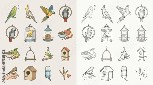 Collection of colorful and monochrome illustrations of various birds, bird feeders, birdhouses, and related items.