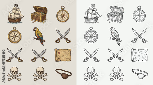 Collection of pirate-themed icons, including a ship, treasure chest, compass, parrot, swords, skull and crossbones, and eye patch, presented in both color and monochrome versions.