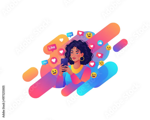 Modern young woman using smartphone surrounded by floating social media engagement icons hearts emojis and colorful abstract gradient geometric shapes digital influencer marketing network concept