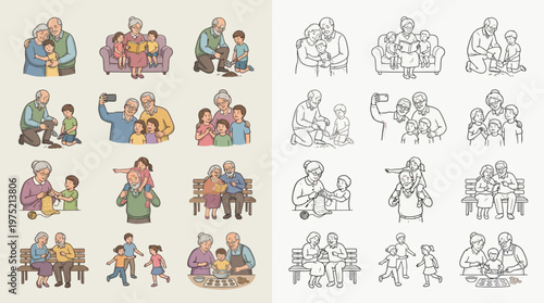 Collection of illustrations depicting grandparents interacting with their grandchildren in various heartwarming scenes.