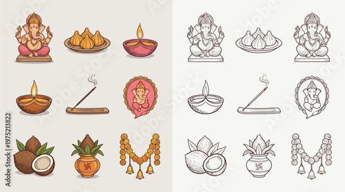 Collection of Hindu religious icons and symbols, including Ganesha, diyas, incense, coconuts, and kalash, presented in both color and outline styles.
