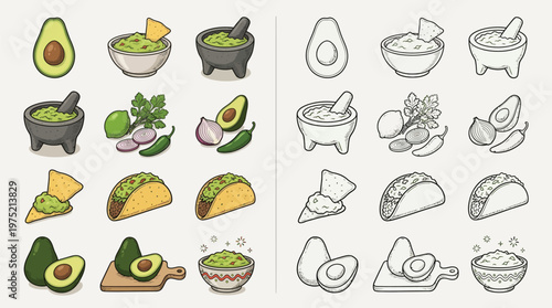 A collection of colorful and black and white illustrations of avocados, guacamole, tacos, and ingredients for Mexican cuisine.