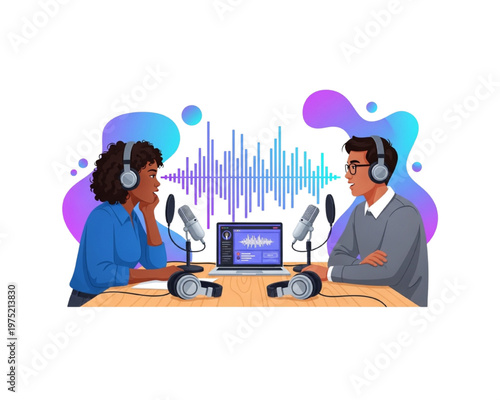 Diverse podcasters recording studio interview at desk with microphones laptop and headphones. Modern flat vector conceptual illustration featuring digital audio soundwaves and fluid background.