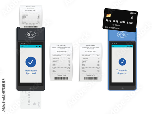 3D Realistic NFC Payment Terminal with Receipt, Debit and Credit Card – Contactless POS Machine Approved Transaction Mockup, Top View