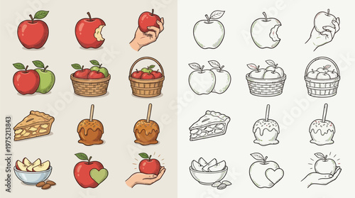 Collection of colorful and line-art illustrations of apples, apple pie, candy apples, and apple slices, presented in a grid format.