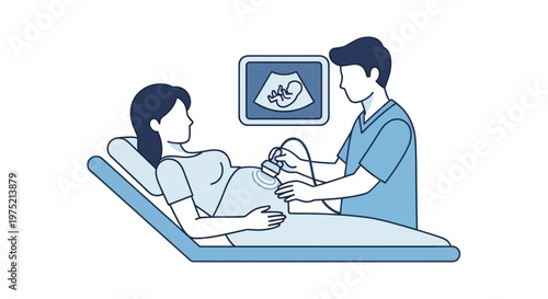 Doctor performs ultrasound on pregnant woman showing baby on screen