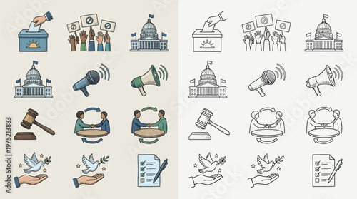 Collection of colorful and outline icons representing democracy, voting, protest, justice, and peace.