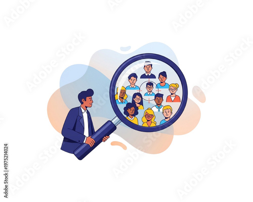 HR manager using giant magnifying glass to select ideal candidate from a diverse group of people. Corporate talent acquisition, headhunting and target audience concept. Flat vector illustration.
