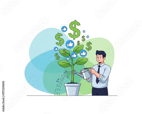 Businessman watering a money plant growing dollar signs and social media like icons. Digital marketing ROI, audience engagement, financial investment and online business growth concept vector.