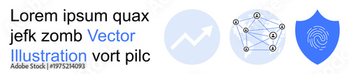 Data analytics, cybersecurity, network security, online protection, secure systems, technology trends. Graph rising, network diagram shield with fingerprint. Analytics and cybersecurity concept