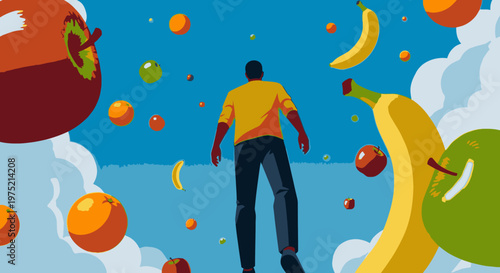 Man floating upwards into a vivid blue sky, surrounded by a vibrant array of fresh, colorful fruits, representing health, freedom, and a joyful, abundant lifestyle.