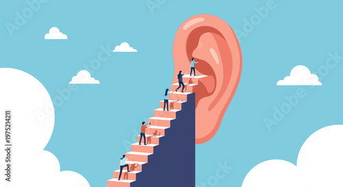 Metaphor for active listening and communication skills development. People ascend stairs towards a large ear, representing the effort to understand, empathize, and receive feedback.