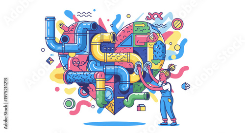 Vibrant illustration of a person maintaining a complex heart-shaped system of colorful pipes, symbolizing care, health, and intricate connections.