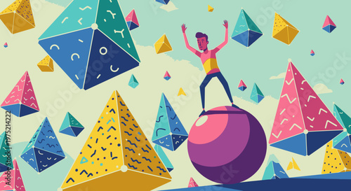 Person balancing on a sphere amidst a vibrant array of floating geometric shapes, showcasing abstract art and dynamic equilibrium.