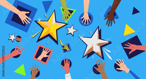 Diverse hands reaching for shining stars and geometric shapes on a vibrant blue background, symbolizing teamwork, success, community, and shared achievement.