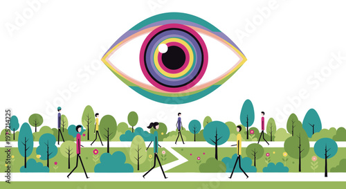 Giant colorful eye watching diverse people walking through a vibrant public park, symbolizing surveillance, observation, and privacy concerns in modern society.