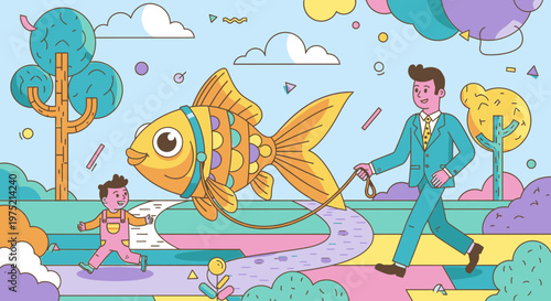 Man and child walking a giant goldfish on a leash in a whimsical, colorful landscape with abstract shapes and trees