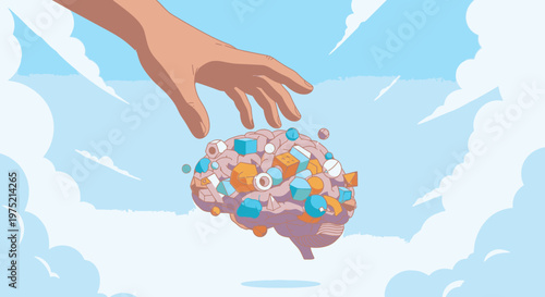 Hand reaching for a brain filled with pills and geometric shapes, representing mental health and medication