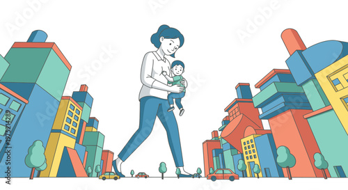 A loving mother holds her baby, walking confidently through a colorful, modern city, representing urban family life and maternal care.