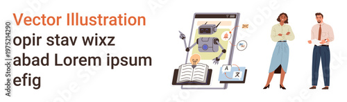 AI learning, online education, language translation, machine learning, business communication, digital tools. Robot interacting on a smartphone, book and icons. Language translation and AI learning