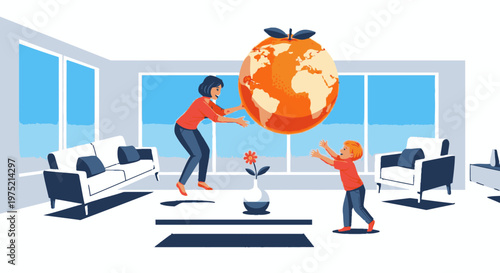 Mother and child playing with a globe of the Earth in a modern living room, symbolizing global connection and family fun.