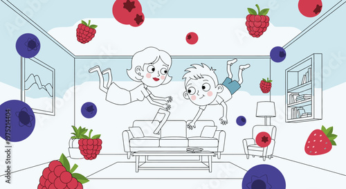 Children and mother floating in room surrounded by floating berries, surreal fantasy, fun and playful illustration