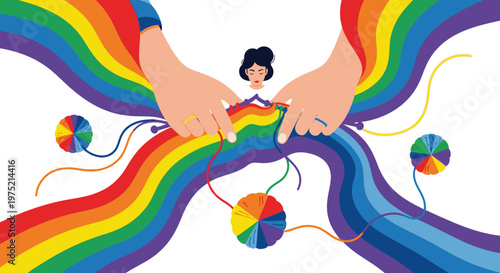 Hands knitting a rainbow, symbolizing diversity, inclusion, and LGBTQ+ pride with a creative touch.