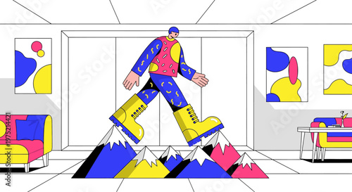 Giant man in yellow boots walking over colorful mountains in a modern office with abstract art
