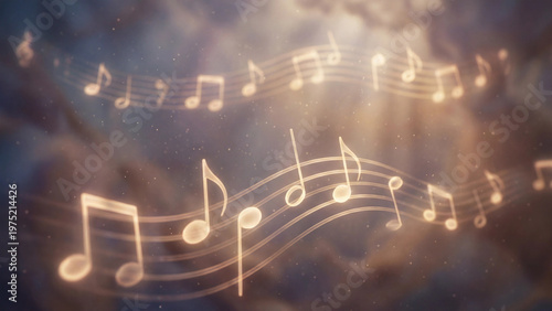 Musical notes glowing in warm sunbeams with elegant melody abstract scene