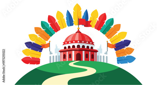 Vibrant illustration of a red domed building on a green hill with colorful feather-like decorations for Heritage Day