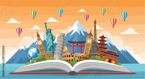 Heritage Day celebration with iconic landmarks and hot air balloons emerging from an open book