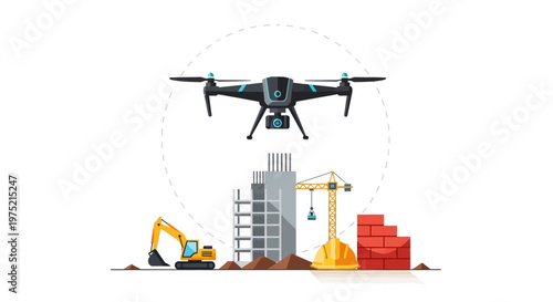 Drone Surveillance and Inspection at Construction Site Vector Illustration. Smart Building Technology and Remote Monitoring Concept with Excavator, Crane, and Architecture.