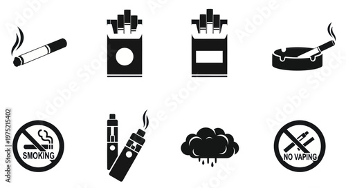Smoking and Vaping Icons Set: Cigarette, E-cigarette, Ashtray, No Smoking, No Vaping