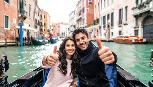 Happy couple enjoying romantic gondola ride in venice