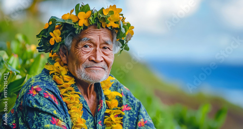Hawaiian senior man wearing traditional lei and flower crown posing outdoors