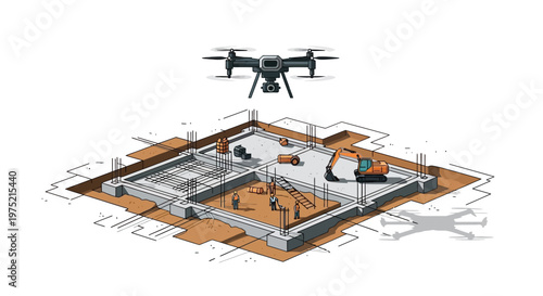 Isometric Illustration of a Drone Monitoring a Construction Site Foundation with Workers and Excavator