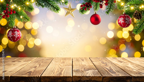 Wooden table with christmas ornaments and blurred lights