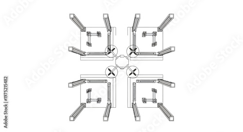 Technical Wireframe Illustration of a Drone Flying Over a Modern Urban Cityscape Layout, Top-Down Blueprint View for Architectural and Smart City Concepts