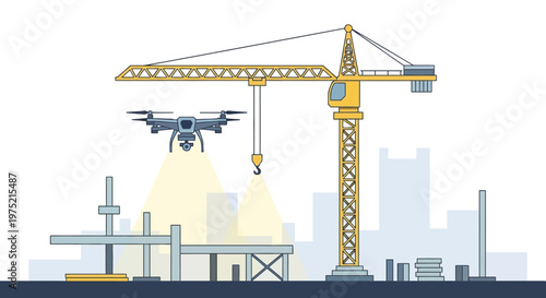 Modern Construction Site Illustration with Yellow Tower Crane and Surveillance Drone for Aerial Monitoring and Smart Building Inspection Technology