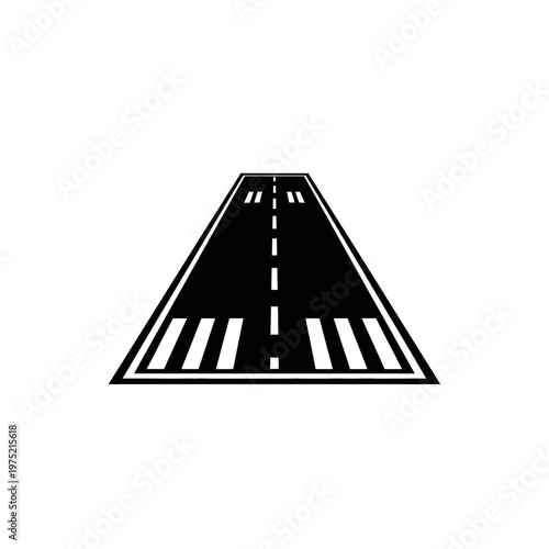 Perspective view of a solid black airport runway with white markings, symbolizing travel and aviation