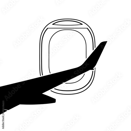 Airplane window view with a wing silhouette against a white background, representing travel and flight