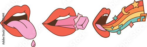 Retro Pop Art Mouth Set with Tongue and Rainbow Elements