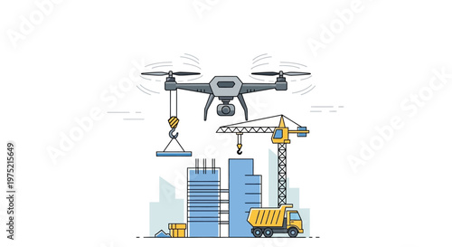 Drone Technology in Modern Construction Site Illustration - Smart City Development, Automation and Engineering Concept with Crane, Buildings, and Dump Truck