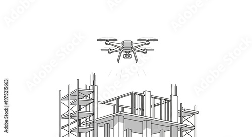 Drone Inspecting Construction Site Building, Line Art Vector Illustration of Aerial Surveying and Modern Civil Engineering Technology